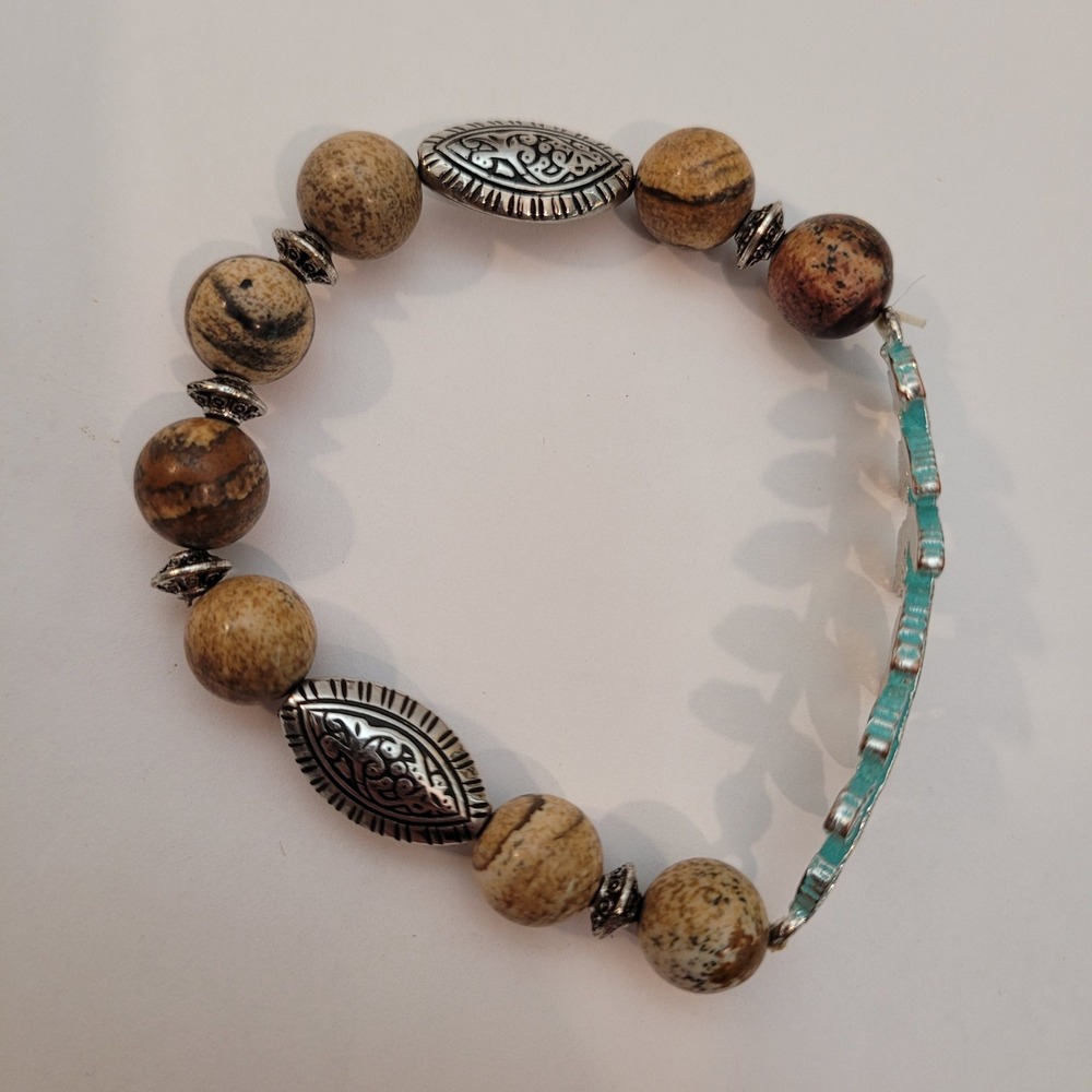 Vintage Beaded Bracelet Womens Picture Jasper Leaf Patina Silver Tone Stretch - Picture 2 of 5